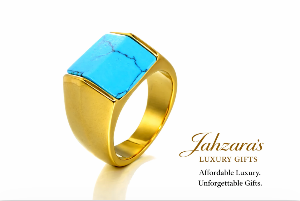 Men's Square Turquoise Signet Ring — Titanium Steel | Gold & Black | Sizes 7–12