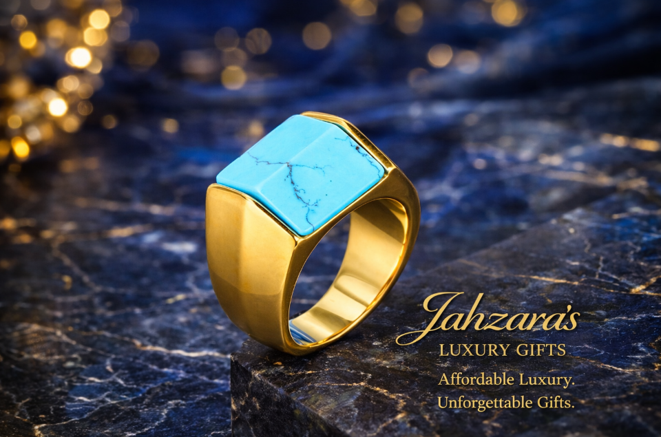 Men's Square Turquoise Signet Ring — Titanium Steel | Gold & Black | Sizes 7–12