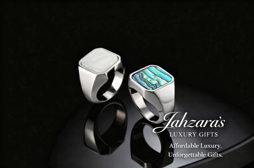 Men's Shell Inlay Signet Ring — Stainless Steel | Abalone & Mother of Pearl | Sizes 7–12