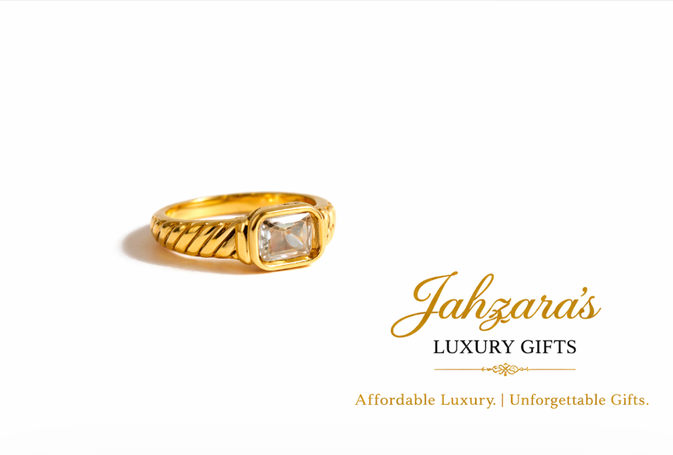 Rectangle Stone Ring — Gold | Clear Crystal & Black Onyx | Handcrafted | Women's
