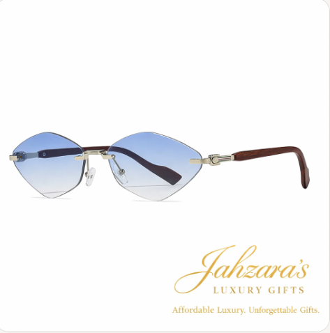 Rimless Diamond-Eye Luxury Sunglasses | Wood Temple | Gold Frame | Jahzara's Luxury Gifts