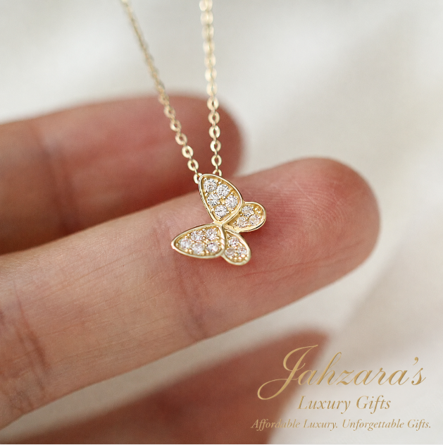 9K Gold Butterfly Pendant Necklace with Diamond Inlay