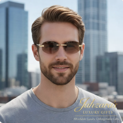 Gold Lion Rimless Oval Sunglasses | Frameless Luxury Eyewear | Men's Designer Style | UV Protection