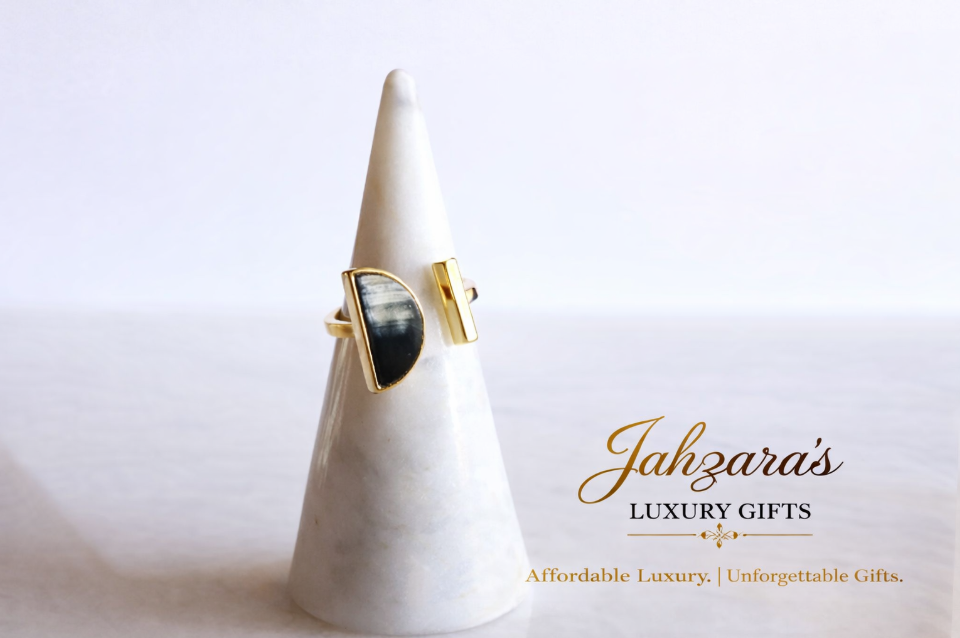 Gold Mother of Pearl & Black Shell Open Ring — Geometric Half-Moon | Adjustable | Women's
