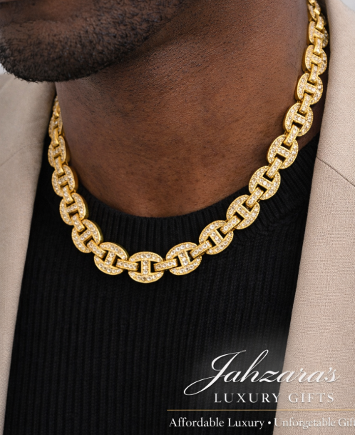 15mm Iced Out Baguette Mariner Link Chain Necklace - Gold or White Gold | Luxury Hip Hop Jewelry
