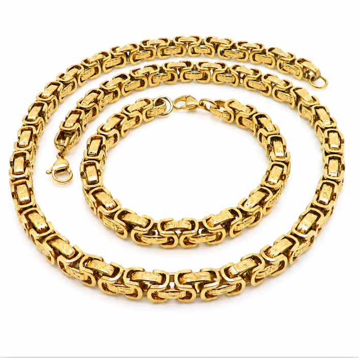 18K IP Gold Chain & Bracelet Set — Men’s 304 Stainless Steel 2-Piece Jewelry Set