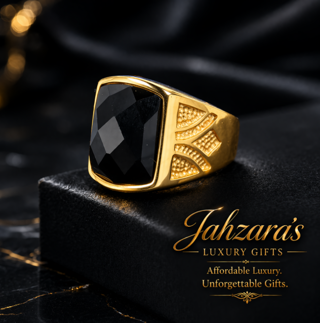Men's Gold Black Stone Signet Ring — Stainless Steel | 20mm Bold Signet | Sizes 7–12