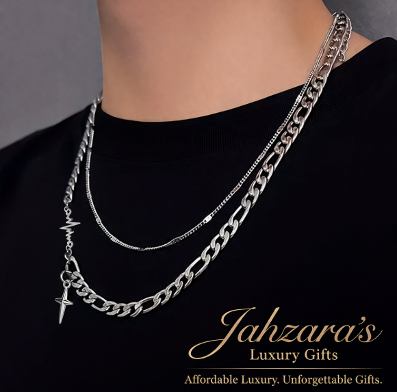 Layered Heartbeat & Cross Chain Necklace Set — 304 Stainless Steel