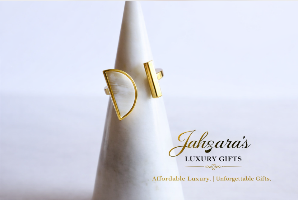 Gold Mother of Pearl & Black Shell Open Ring — Geometric Half-Moon | Adjustable | Women's