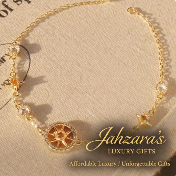925 Sterling Silver Star Compass Bracelet - Gold Finish with Champagne Crystals