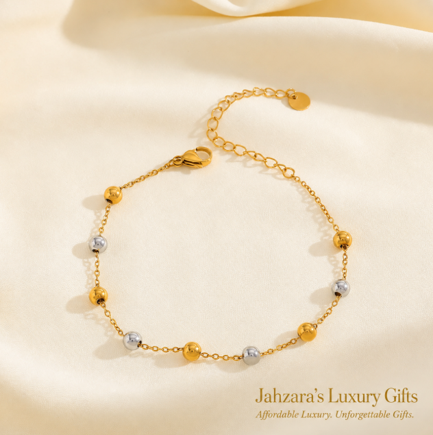 Two-Tone Gold & Silver Bead Station Necklace | PVD Gold 304 Stainless Steel | Waterproof