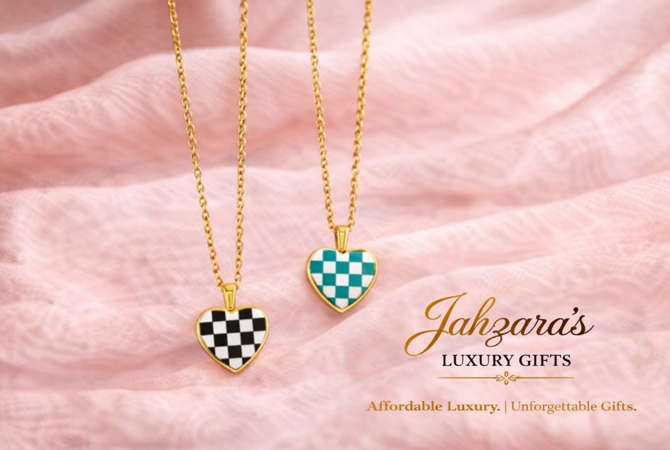 Checkered Heart Necklace — 18K Gold Plated | Black & Turquoise | Stainless Steel