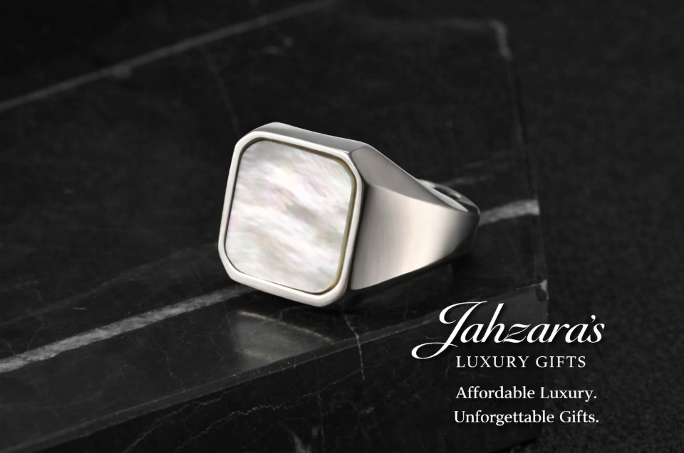 Men's Shell Inlay Signet Ring — Stainless Steel | Abalone & Mother of Pearl | Sizes 7–12