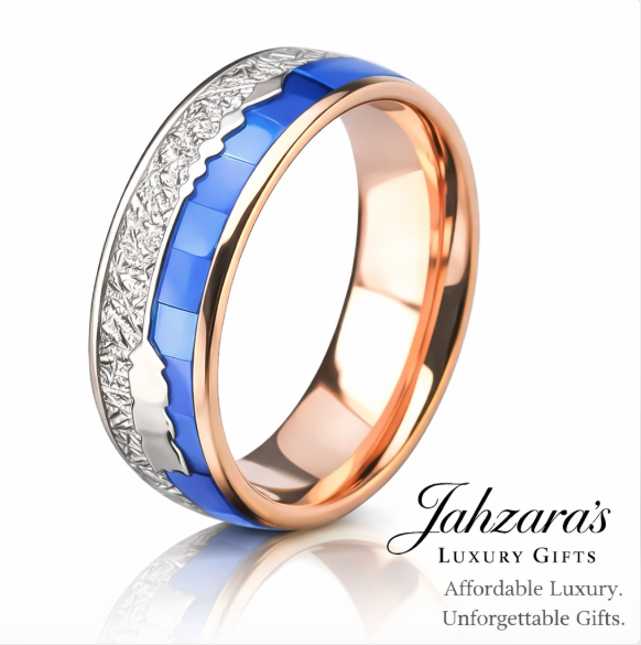 Men's 18K Rose Gold Tungsten Ring — Blue Shell & Meteorite Inlay | 8mm