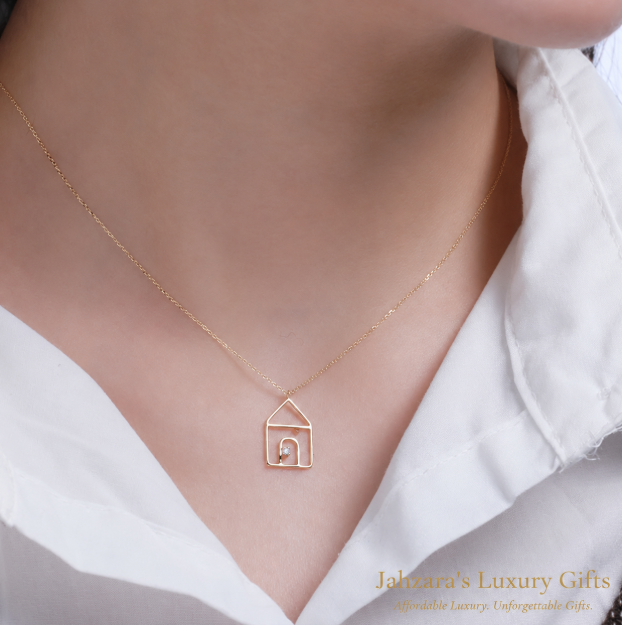 9K Gold Little House Pendant Necklace — Diamond Accent Home Charm Jewelry