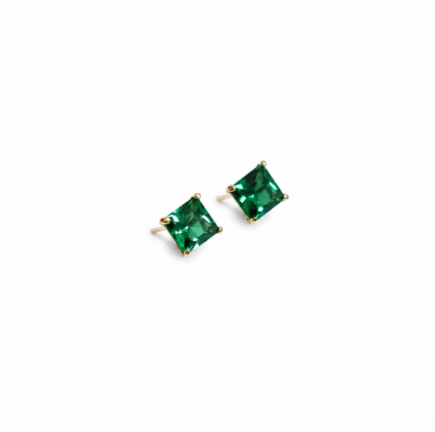 9K Gold Emerald Stud Earrings — May Birthstone Princess Cut Gem
