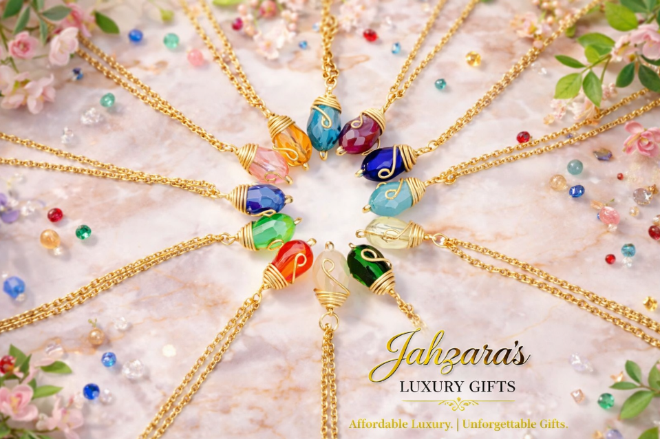 Gold Birthstone Necklace — Wire-Wrapped Crystal Pendant | All 12 Months | Fair Trade