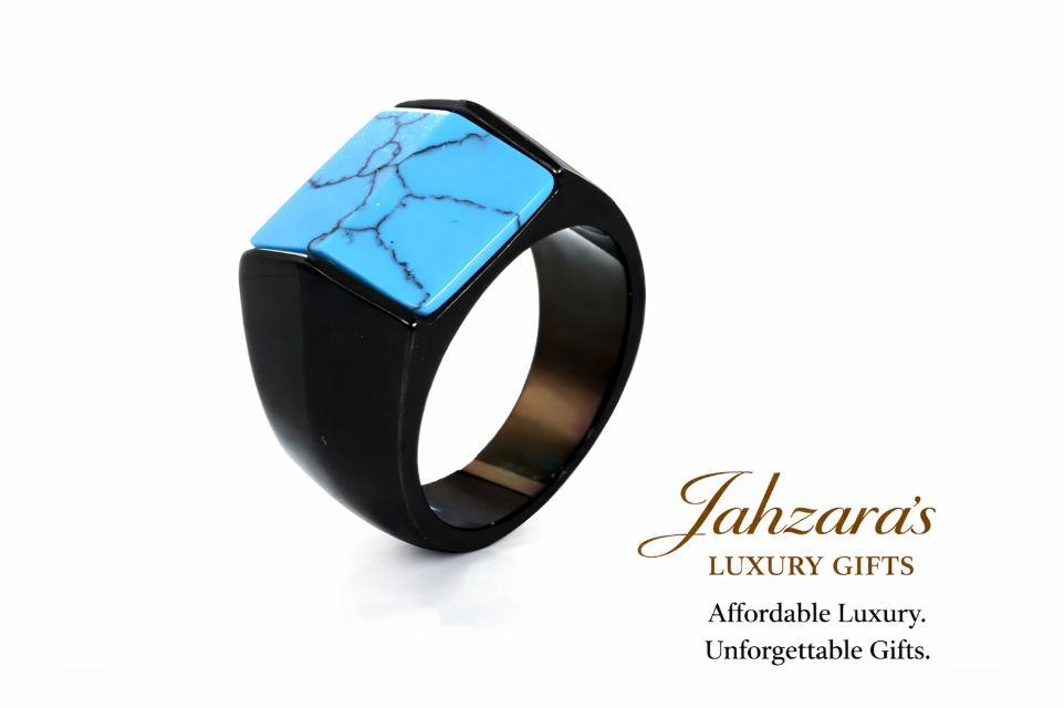 Men's Square Turquoise Signet Ring — Titanium Steel | Gold & Black | Sizes 7–12