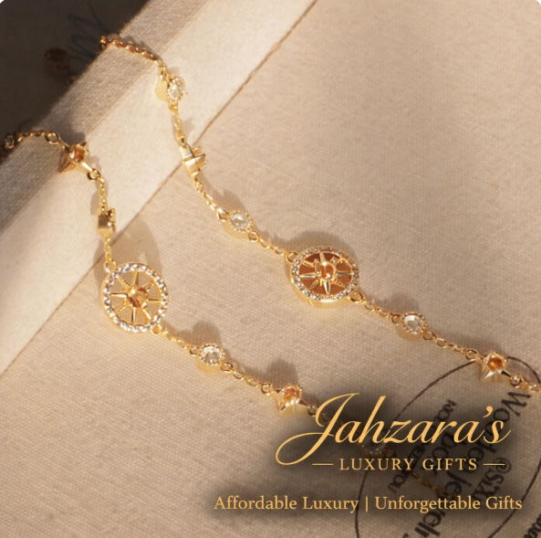 925 Sterling Silver Star Compass Bracelet - Gold Finish with Champagne Crystals