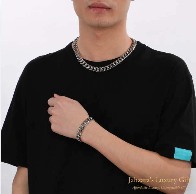 18K IP Gold Cuban Link Chain Necklace & Bracelet — Men’s Hip-Hop Stainless Steel Set