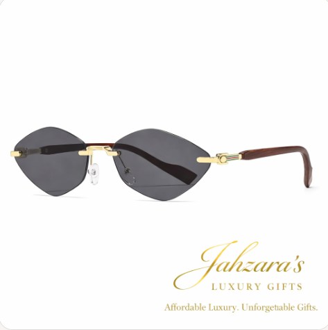 Rimless Diamond-Eye Luxury Sunglasses | Wood Temple | Gold Frame | Jahzara's Luxury Gifts