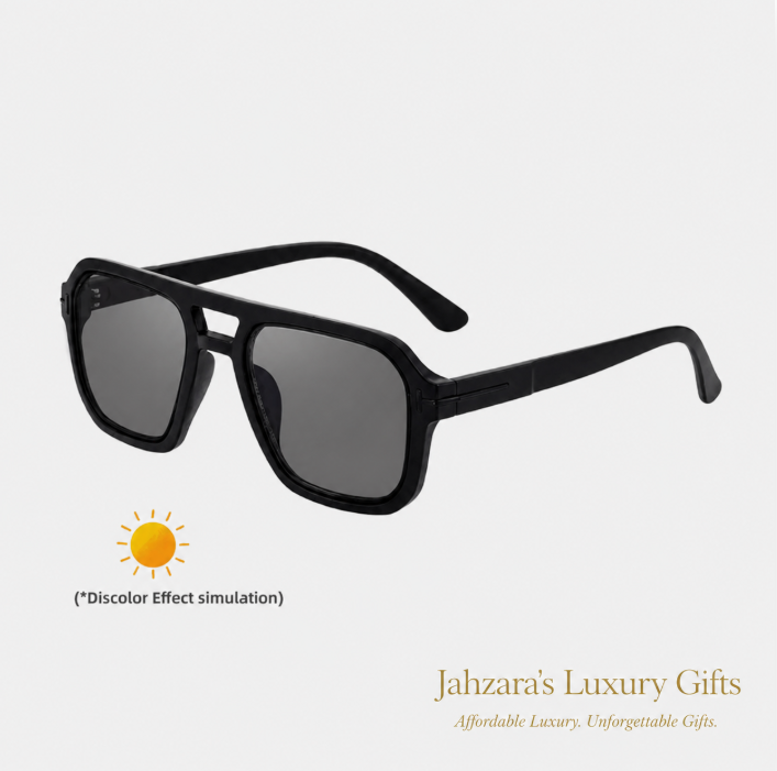 Photochromic Double Bridge Square Sunglasses — Color-Changing Luxury Frames