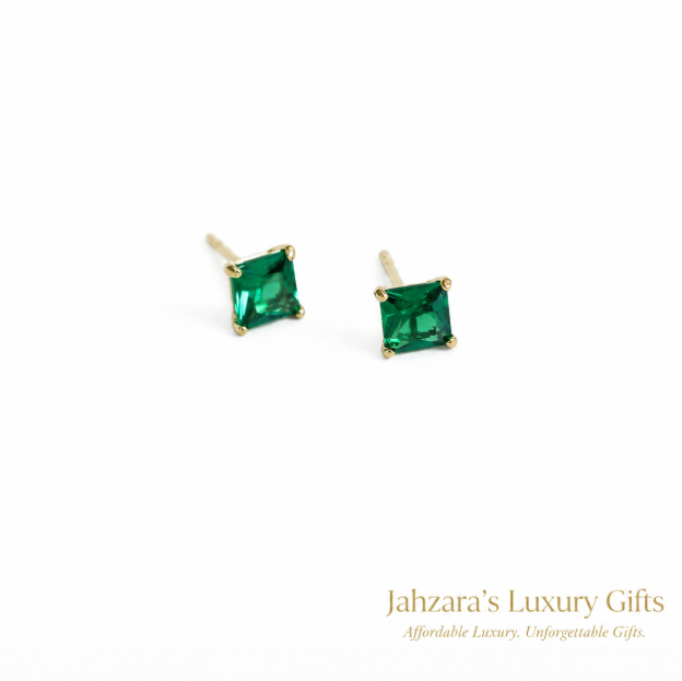 9K Gold Emerald Stud Earrings — May Birthstone Princess Cut Gem