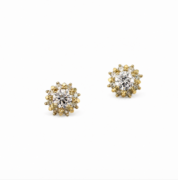 9K & 14K Gold Sunburst Zircon Stud Earrings | Retro Halo Cluster