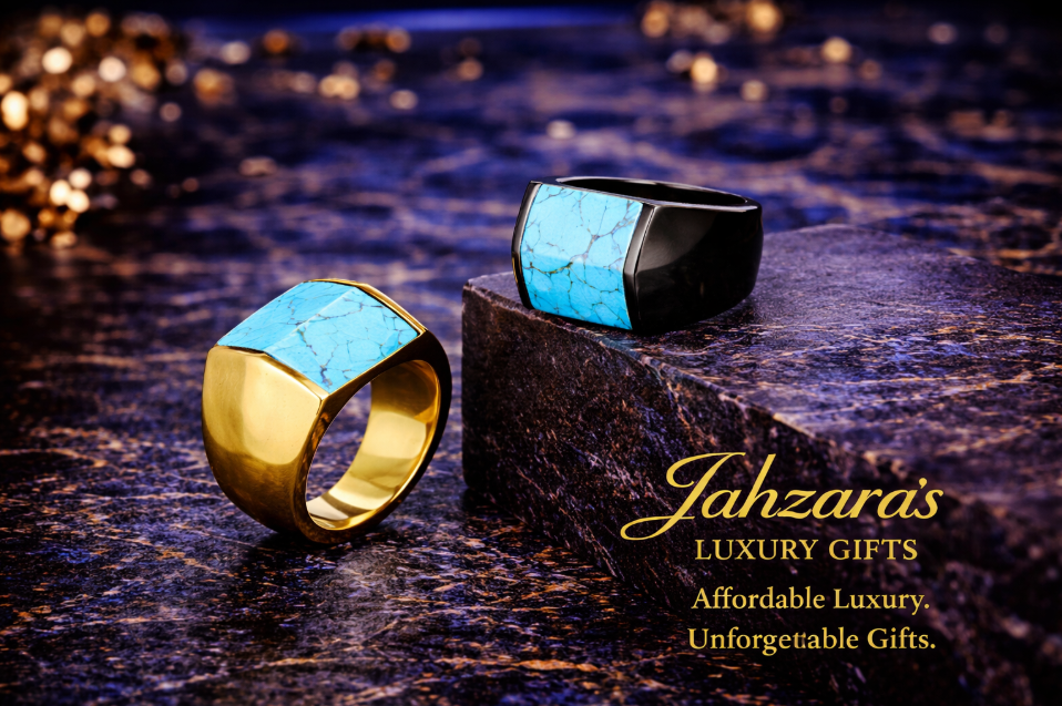 Men's Square Turquoise Signet Ring — Titanium Steel | Gold & Black | Sizes 7–12