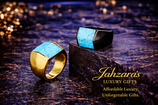 Men's Square Turquoise Signet Ring — Titanium Steel | Gold & Black | Sizes 7–12