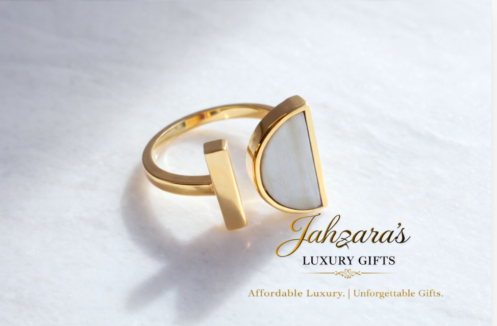 Gold Mother of Pearl & Black Shell Open Ring — Geometric Half-Moon | Adjustable | Women's