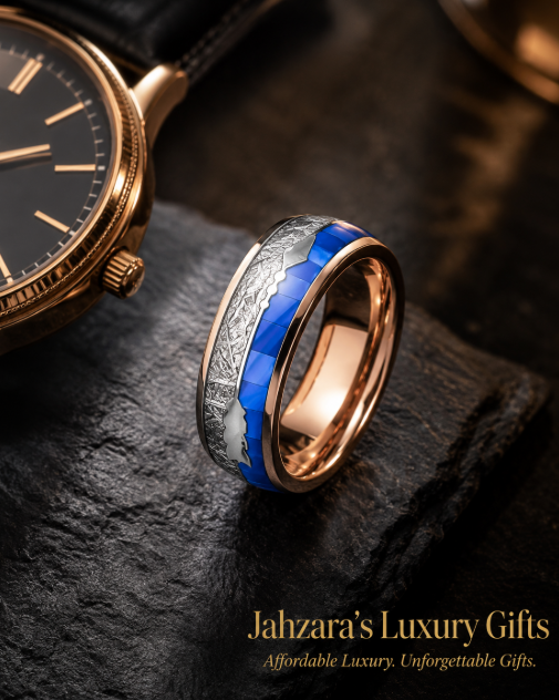 Men's 18K Rose Gold Tungsten Ring — Blue Shell & Meteorite Inlay | 8mm