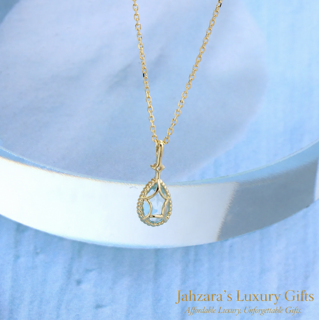 9K Gold Blue Topaz Teardrop Pendant Necklace — Natural Gemstone Luxury Jewelry
