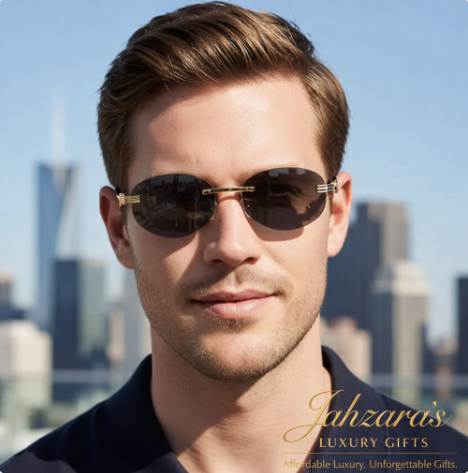 Gold Lion Rimless Oval Sunglasses | Frameless Luxury Eyewear | Men's Designer Style | UV Protection