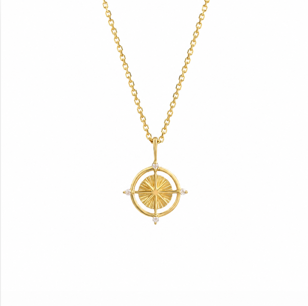 9K Gold North Star Compass Pendant Necklace | Moissanite Inlay