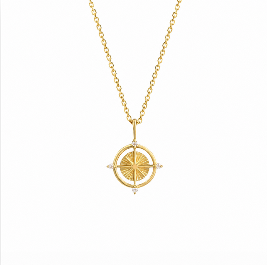 9K Gold North Star Compass Pendant Necklace | Moissanite Inlay