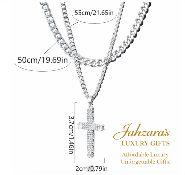 Iced Out Cross Double Layer Cuban Chain Necklace Set | Stainless Steel Men's Faith Jewelry