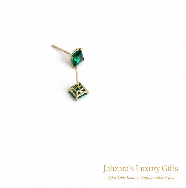 9K Gold Emerald Stud Earrings — May Birthstone Princess Cut Gem