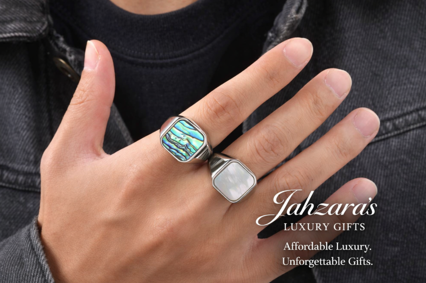 Men's Shell Inlay Signet Ring — Stainless Steel | Abalone & Mother of Pearl | Sizes 7–12