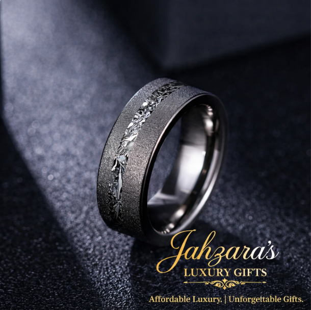 Sandblasted Tungsten Ring with Crushed Aluminum Ash Inlay — 8mm | Black & Silver