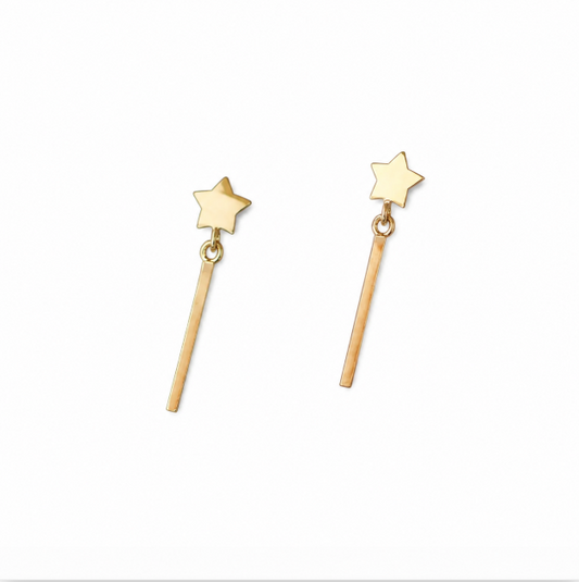 9K Gold Star & Bar Drop Earrings | Celestial Dangle Studs