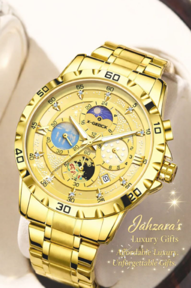 Gold Luminous Chronograph Watch | Moon Phase Dial Men's Luxury Watch