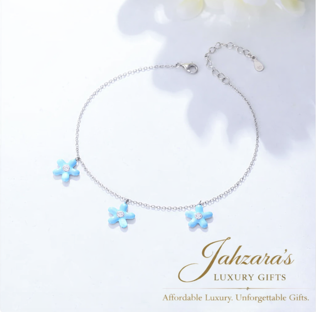 Blue Flower Charm Anklet — 925 Sterling Silver | Enamel & Zircon | Gold & Silver | Luxury Beach Jewelry