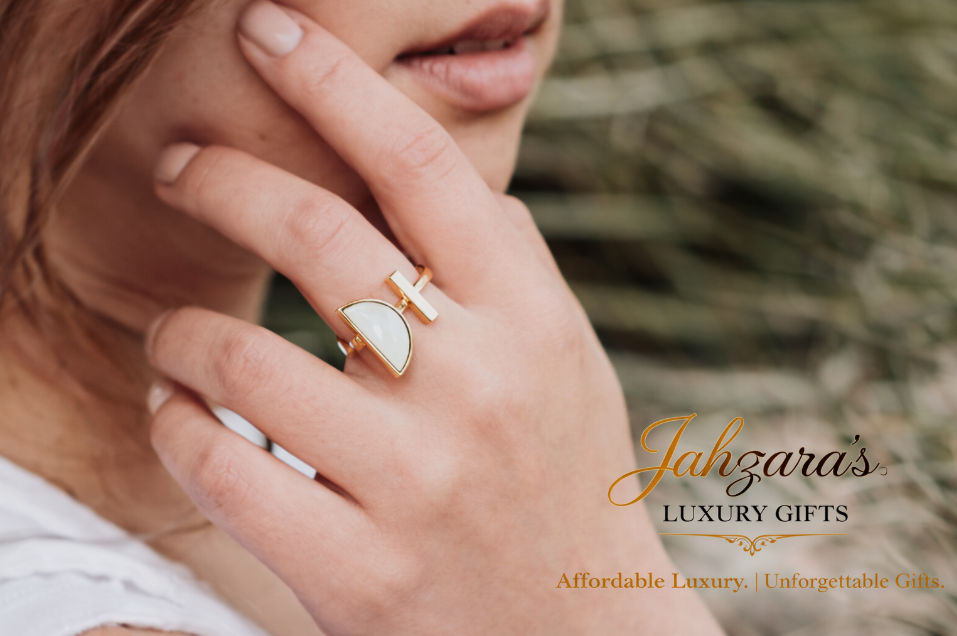 Gold Mother of Pearl & Black Shell Open Ring — Geometric Half-Moon | Adjustable | Women's