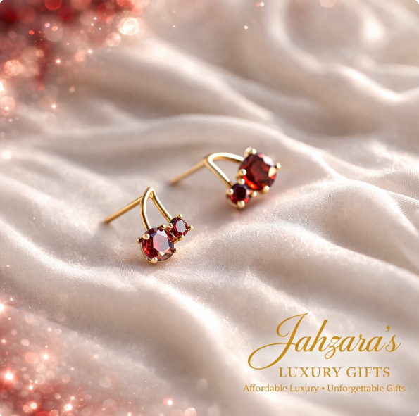 Cherry Red Gemstone Stud Earrings - Gold Plated | Elegant