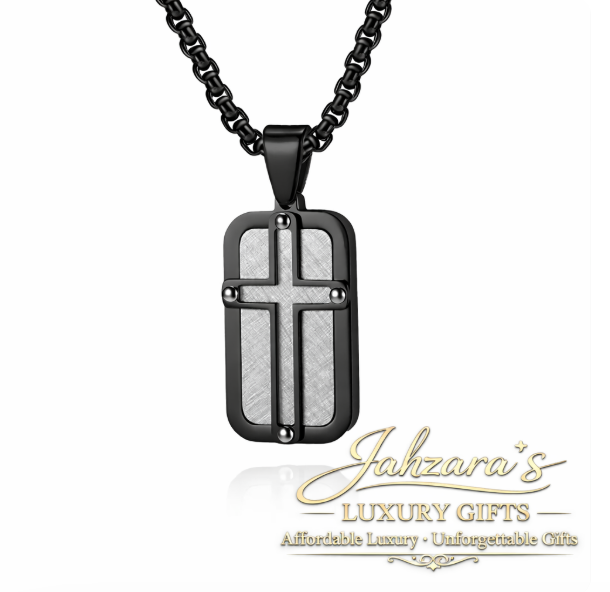 Men's Dog Tag Cross Pendant Necklace Set - Stainless Steel with Chain | Gold, Black & White, Black & Grey
