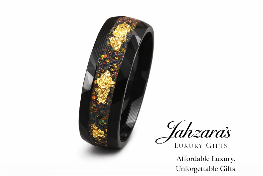 Men's Damascus Steel Black Tungsten Ring — Gold Foil & Opal Inlay | Unisex