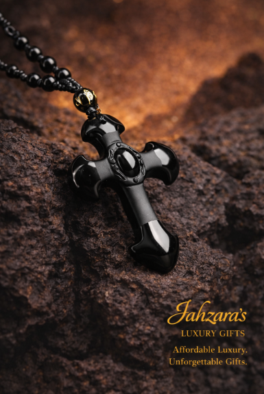 Natural Obsidian Cross Pendant Necklace | Black Bead Chain | Unisex Luxury Faith Jewelry