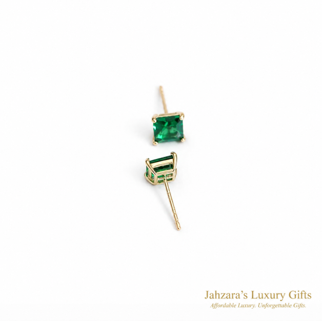 9K Gold Emerald Stud Earrings — May Birthstone Princess Cut Gem
