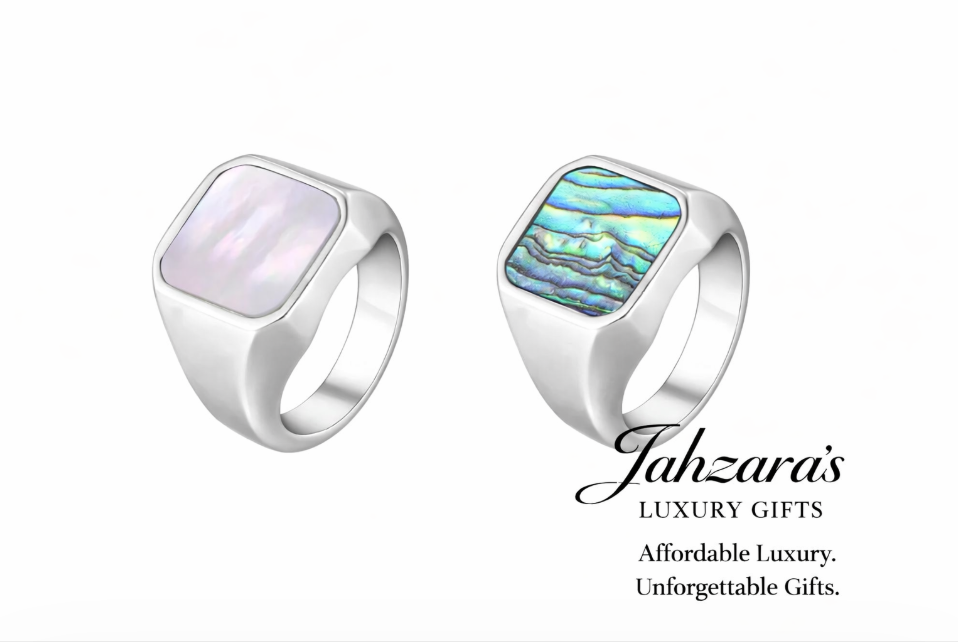 Men's Shell Inlay Signet Ring — Stainless Steel | Abalone & Mother of Pearl | Sizes 7–12